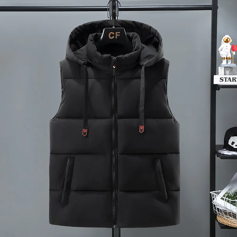 Men's thick winter vest in black or blue with straight hem design and polyester fleece lining
