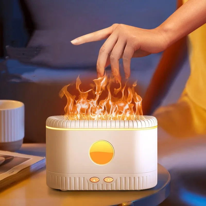 White desktop simulated flame atmosphere humidifier with square design and single mist outlet on a wooden table