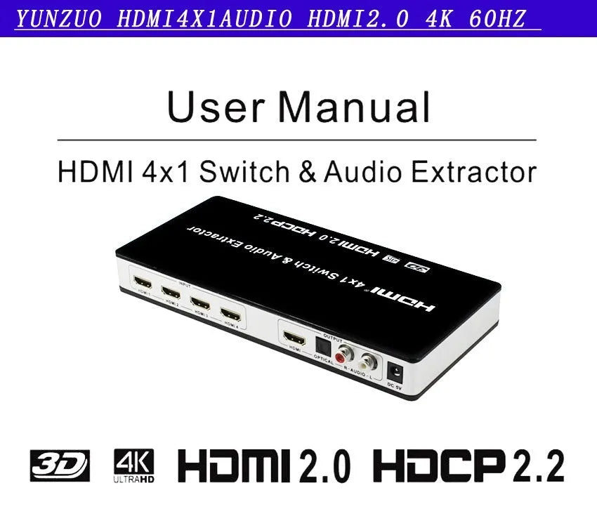 Black HDMI switch unit with four input ports, remote control, and 10m cable for video switching