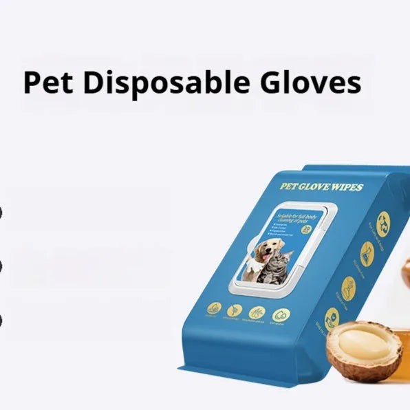 Disposable wash-free gloves for pet grooming and bath cleaning with a cat or dog.