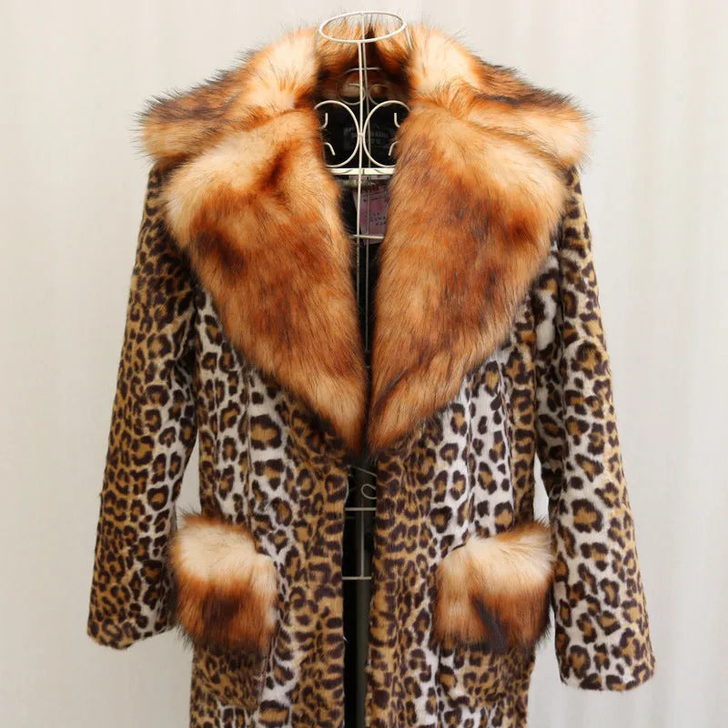 Women's leopard print long artificial fur jacket on hanger, showing regular sleeves and 80cm length.