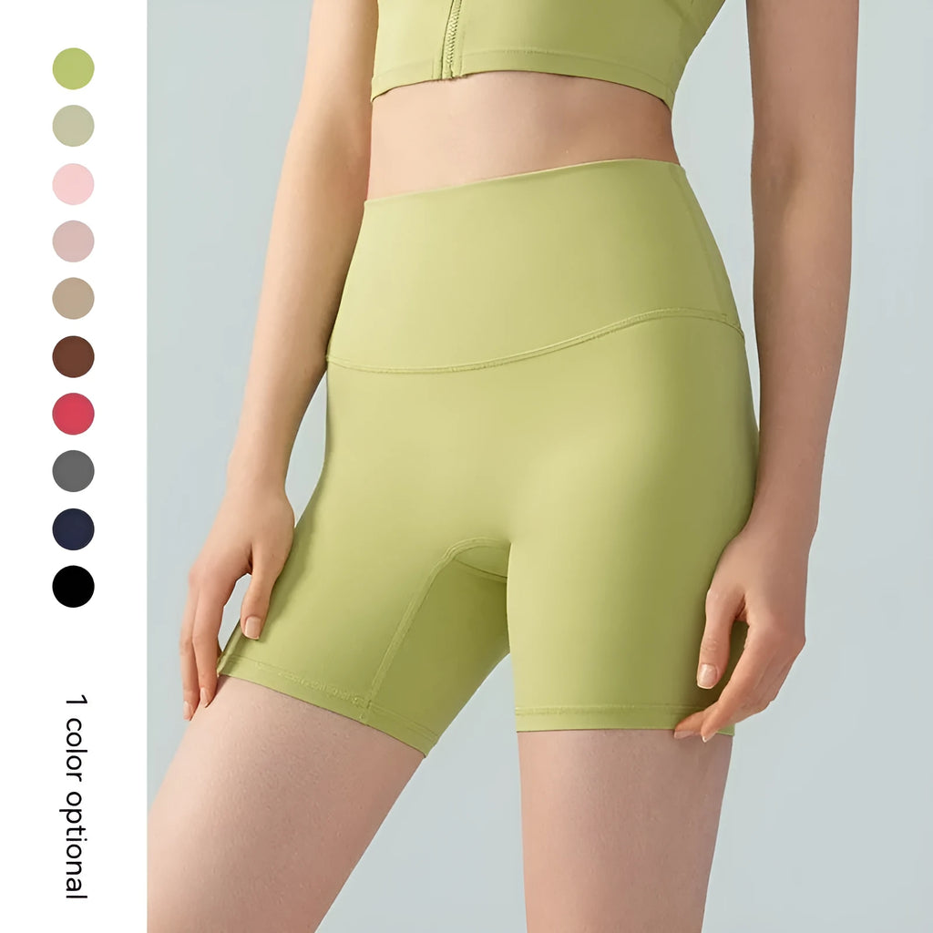 Women's high waist Lycra yoga tight shorts in leaf green colour with belly contracting support for fitness