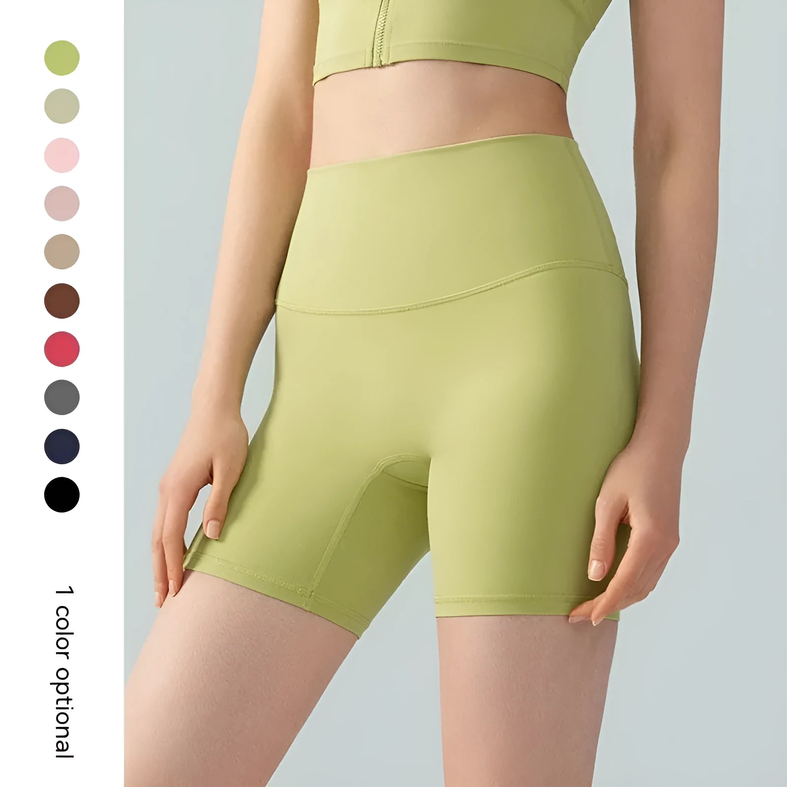 Women's high waist Lycra yoga tight shorts in leaf green colour with belly contracting support for fitness