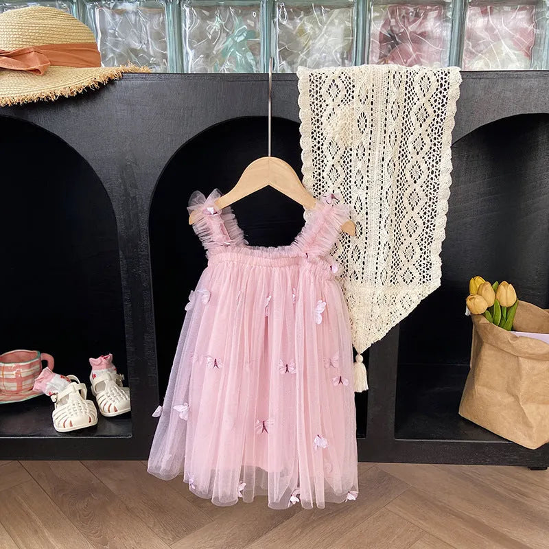 Butterfly embroidery mesh girls' braces skirt in nude pink, with cotton lining and sling straps
