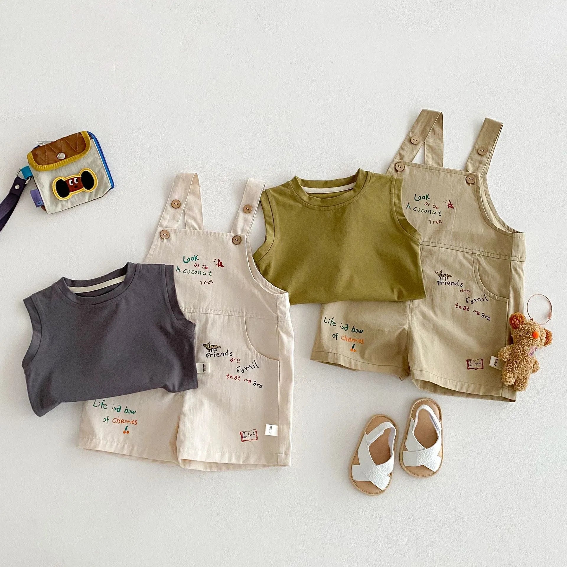Baby cartoon suspender pants and t-shirt set in Korean style, cotton fabric, available in multiple colours for boys and girls
