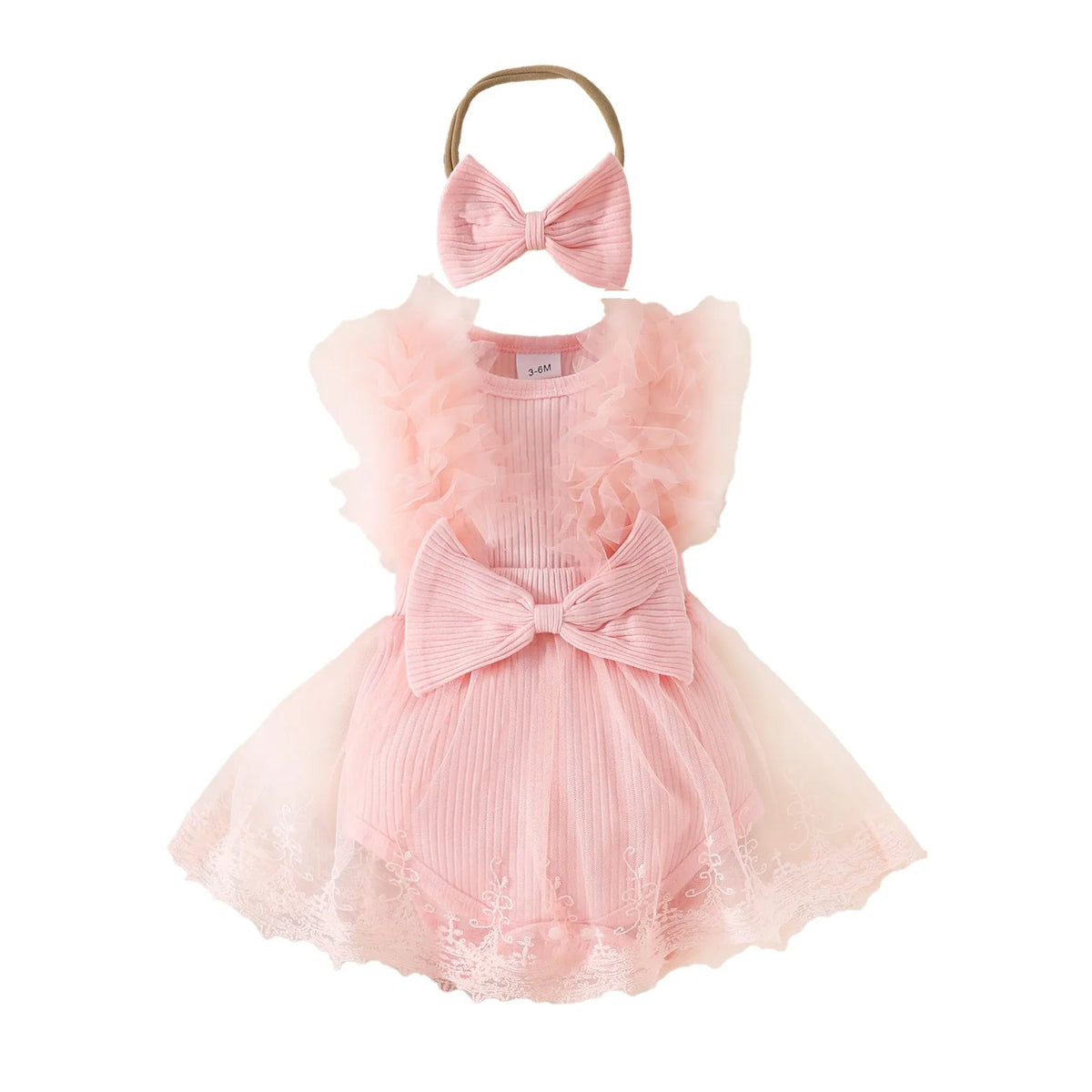 Baby sleeveless leotard bodysuit with bow and hairband, knitted polyester, white or pink, sizes 0-3M to 12-18M