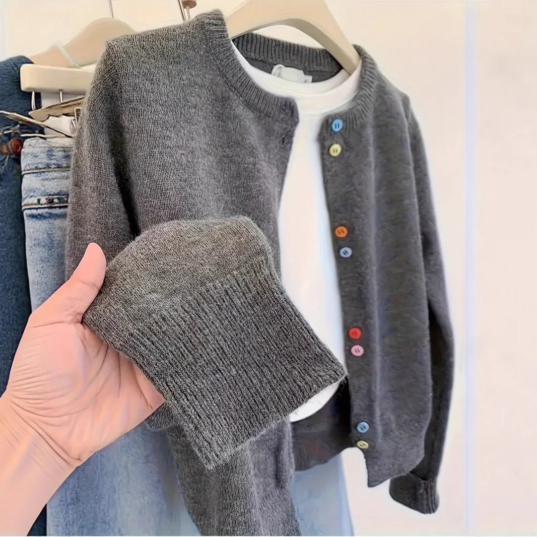 Dark grey women's polyester cardigan sweater with long sleeves and button front.