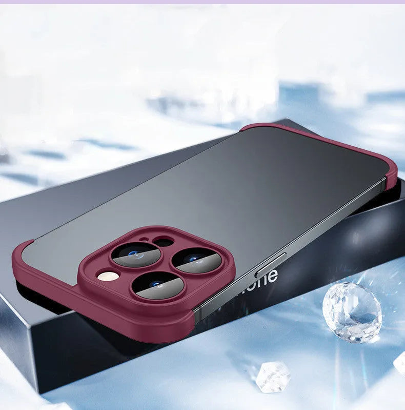 Corner-padded TPU mobile phone case for iPhone with integrated glass camera lens film in dark purple colour.