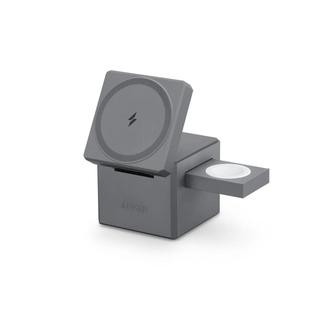Foldable magnetic wireless charger for iPhone, AirPods and Apple Watch on a table