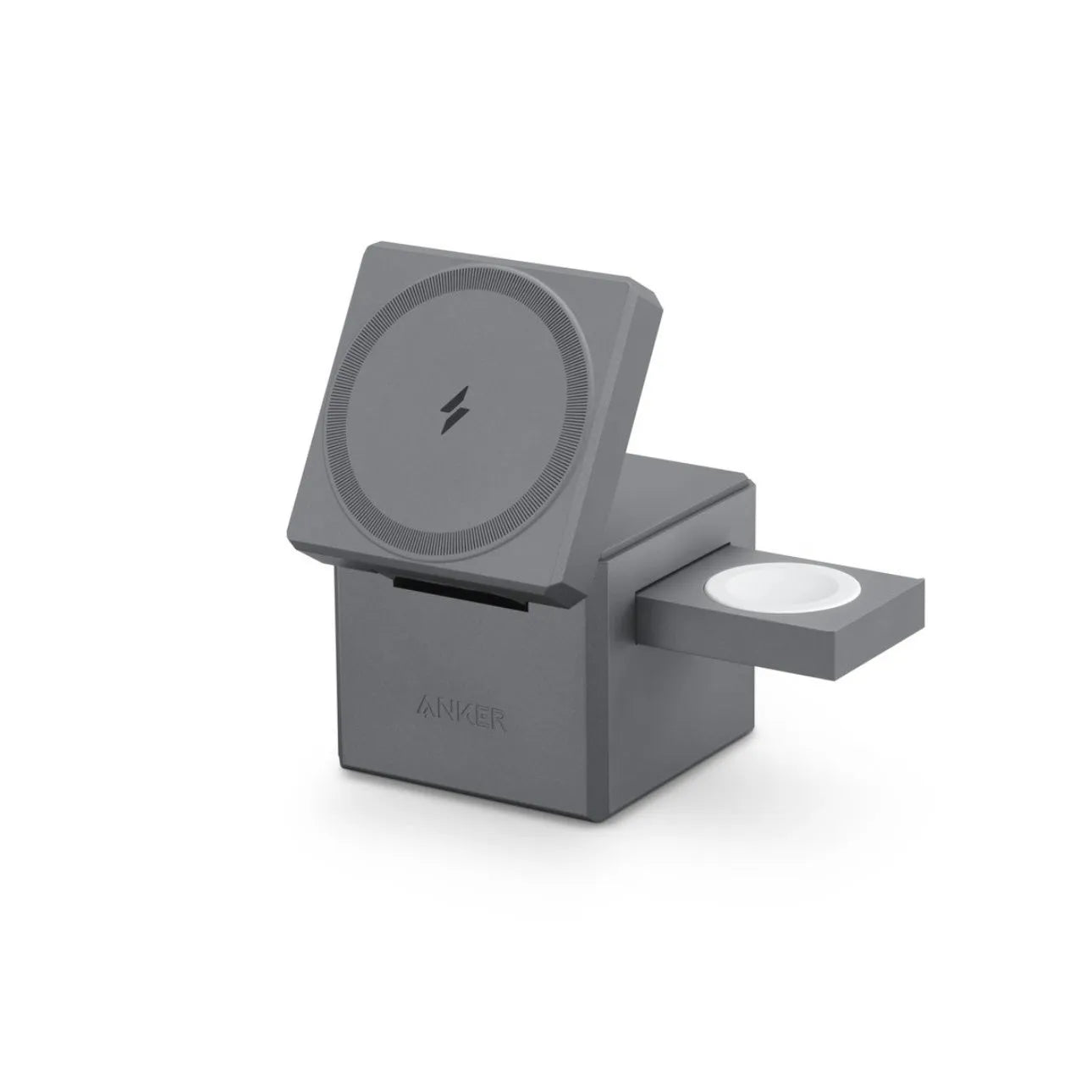 Foldable magnetic wireless charger for iPhone, AirPods and Apple Watch on a table