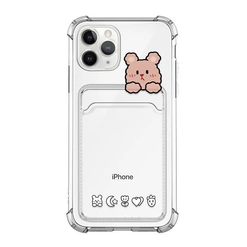Transparent cartoon design iPhone case with card slots on the back