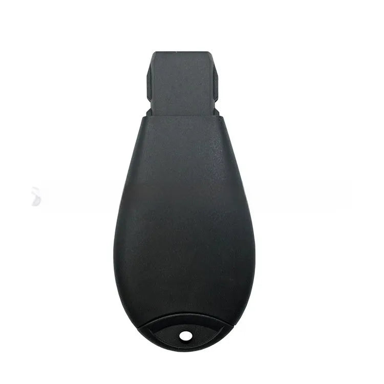 Empty replacement smart key shell for Dodge and Chrysler vehicles, showing dimensions and model codes.