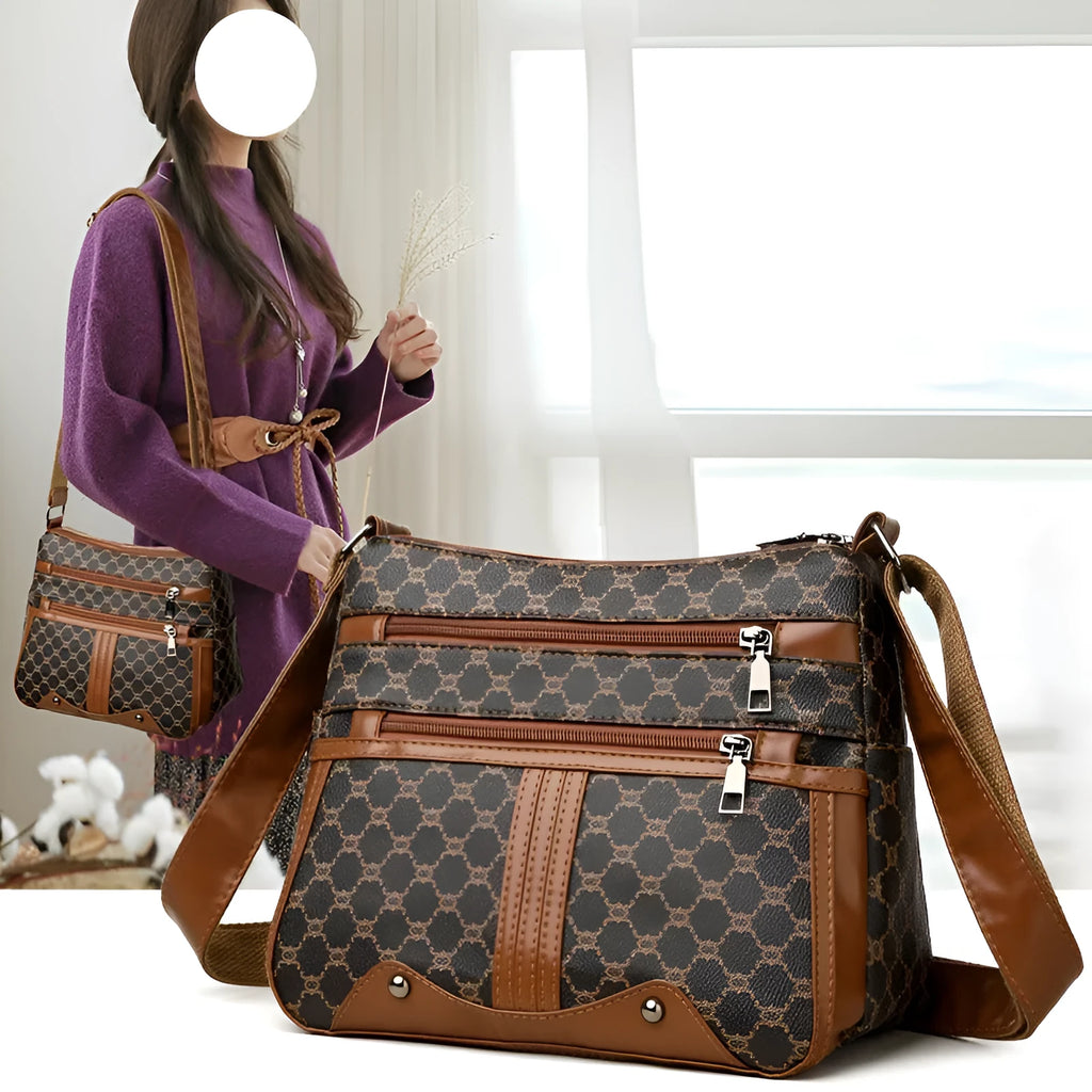 Women's brown and white stitching pattern large-capacity crossbody bag with PU exterior.