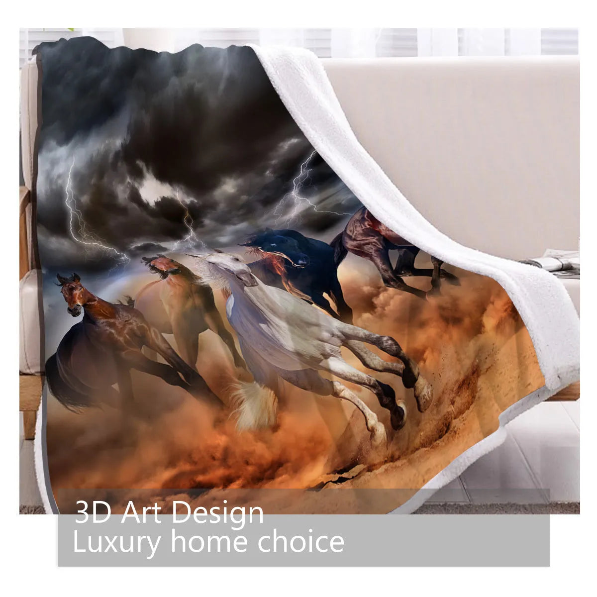 Black horse themed Sherpa fleece blanket with hemmed edges, available in 130x150cm and 150x200cm