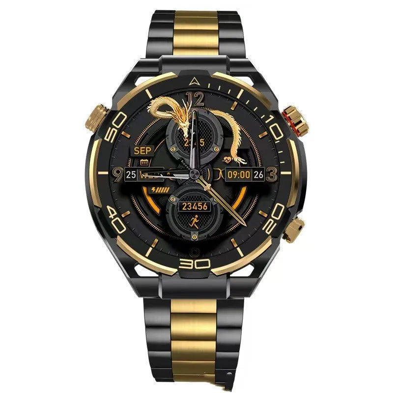 Black smart watch with TFT display, silicone and leather straps, featuring health monitoring and NFC function