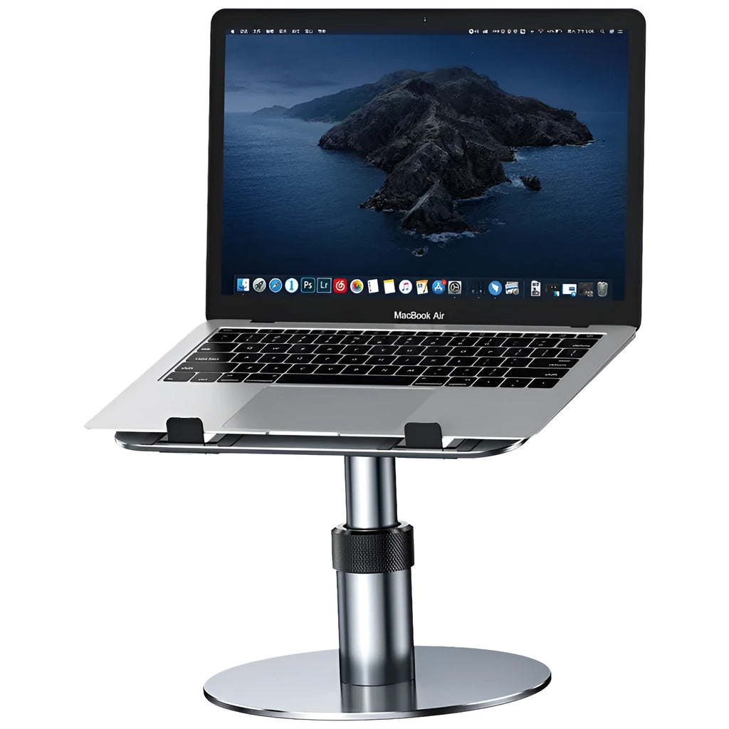 Silver adjustable aluminium laptop stand showing height adjustment and 360-degree rotating base.