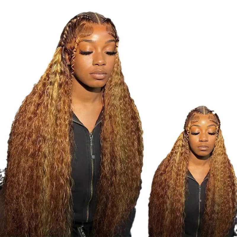 Lace wig with medium small volume highlight gradient long curly hair in light gold colour