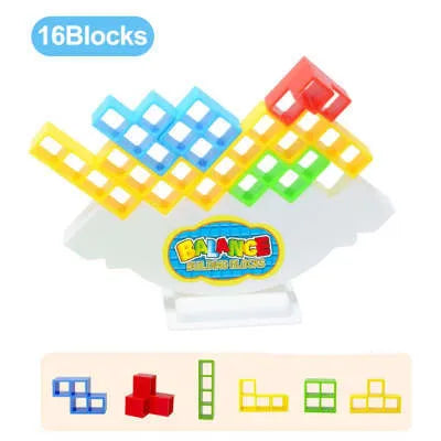 Plastic balance stacking game with coloured blocks, chassis and base for kids and adults
