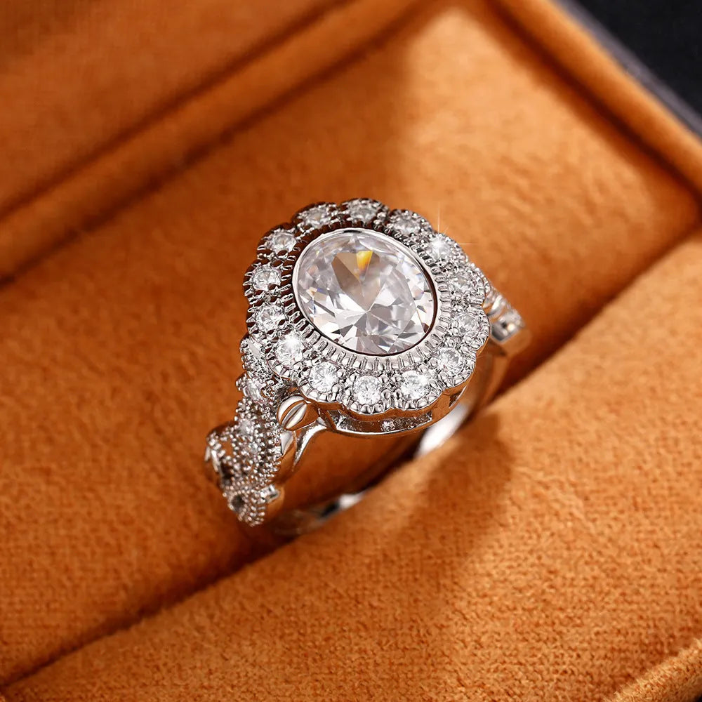 Women's copper ring with diamond plating, round zircon stone, and white gold colour finish on geometry band.
