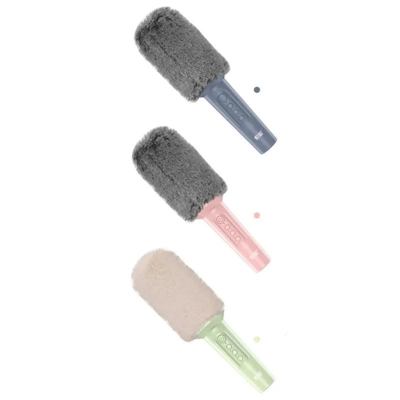 Wireless Bluetooth karaoke microphone with integrated speaker in blue, pink, or green colour options.