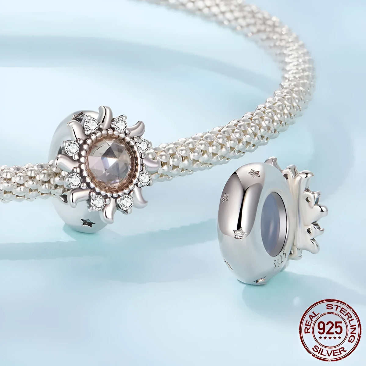 S925 sterling silver sunflower spacer bead with silicone positioning, 0.9cm height and width, 0.45cm aperture, on white background