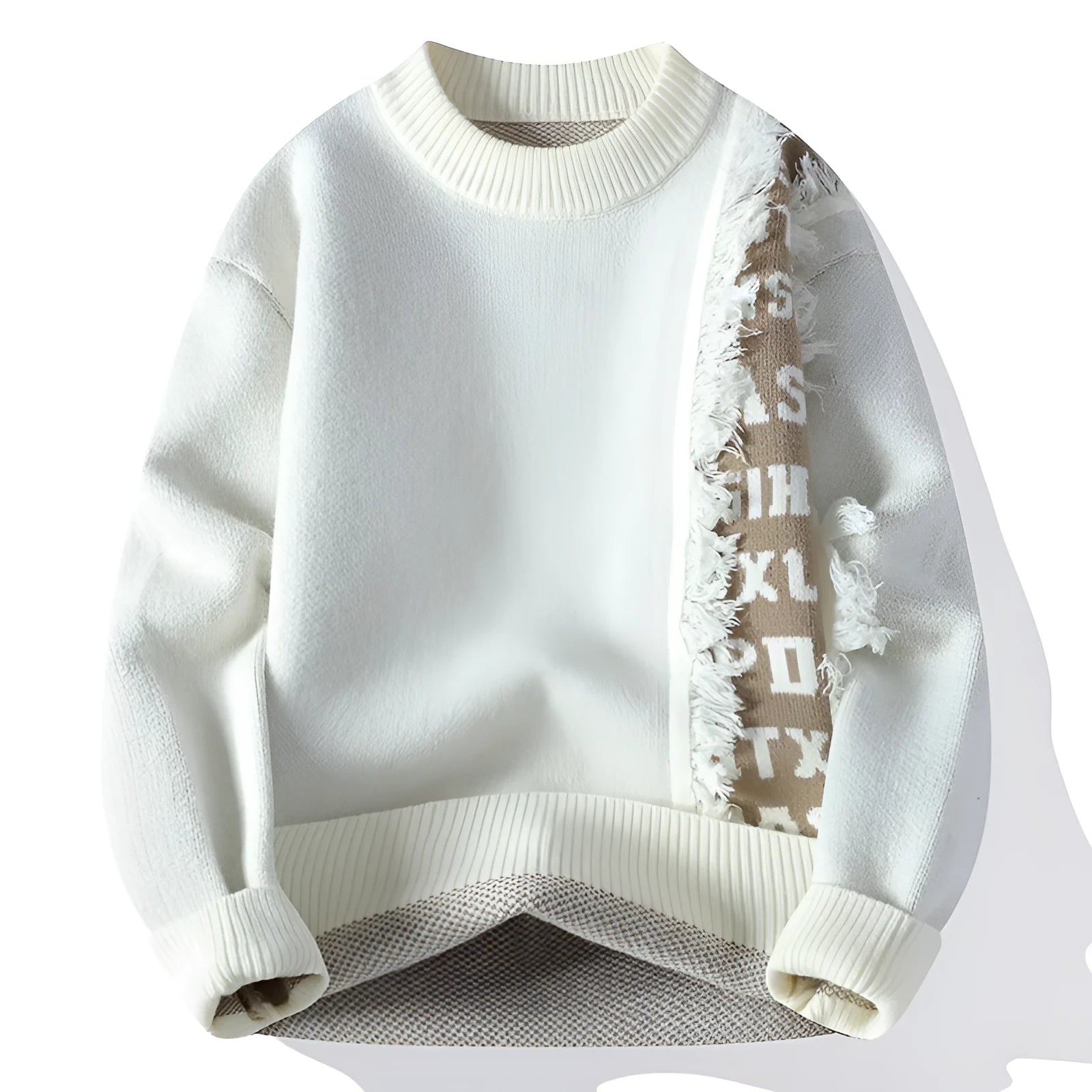 Man wearing a loose gray rabbit fur and polyester knitted pullover sweater with a ribbed hemline.