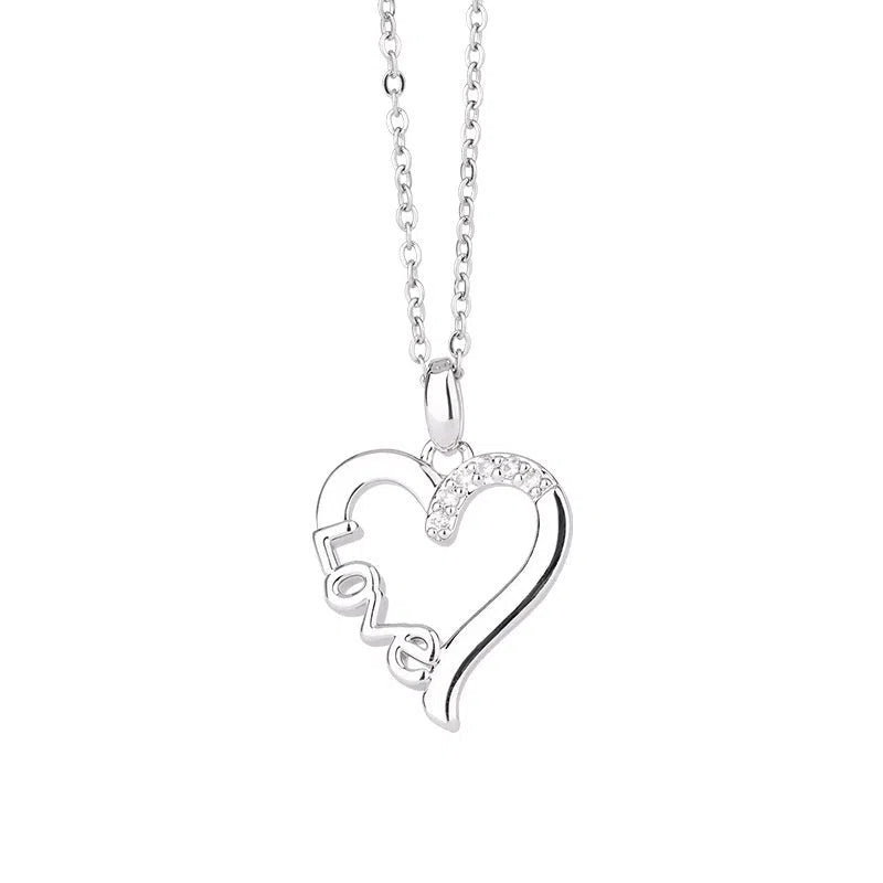 Creative heart design LOVE titanium steel necklace pendant in white gold colour on cross chain