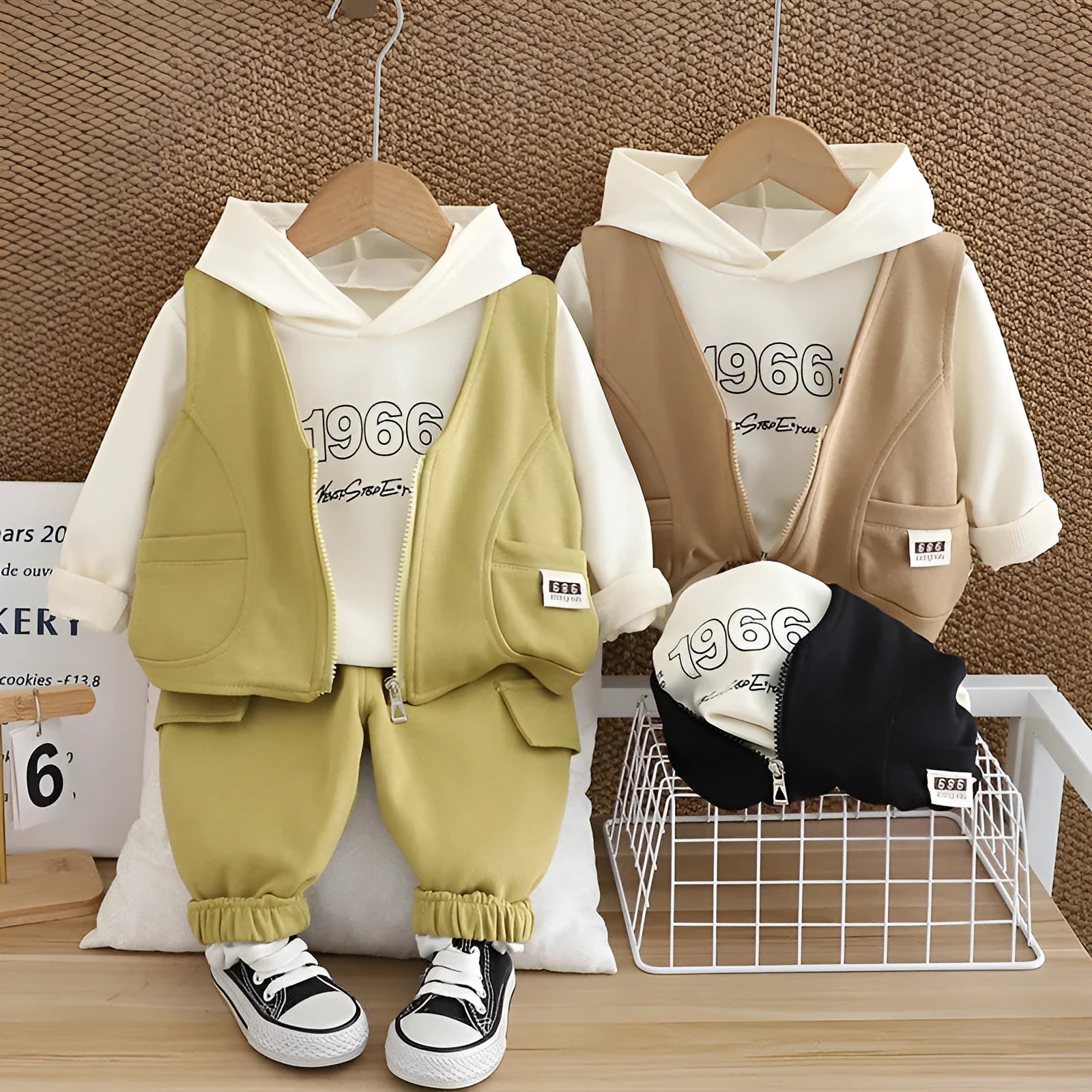 Children's number vest three-piece cotton set for boys in solid colour sport style long sleeve shirt and trousers