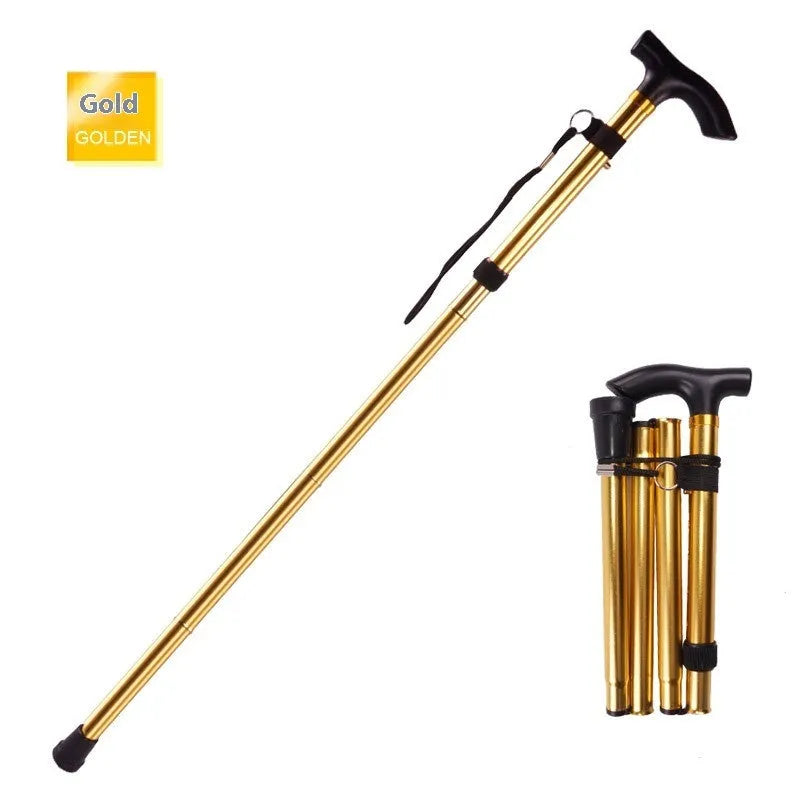 Aluminium alloy folding walking cane extended and folded, showing adjustable length and non-slip handle.