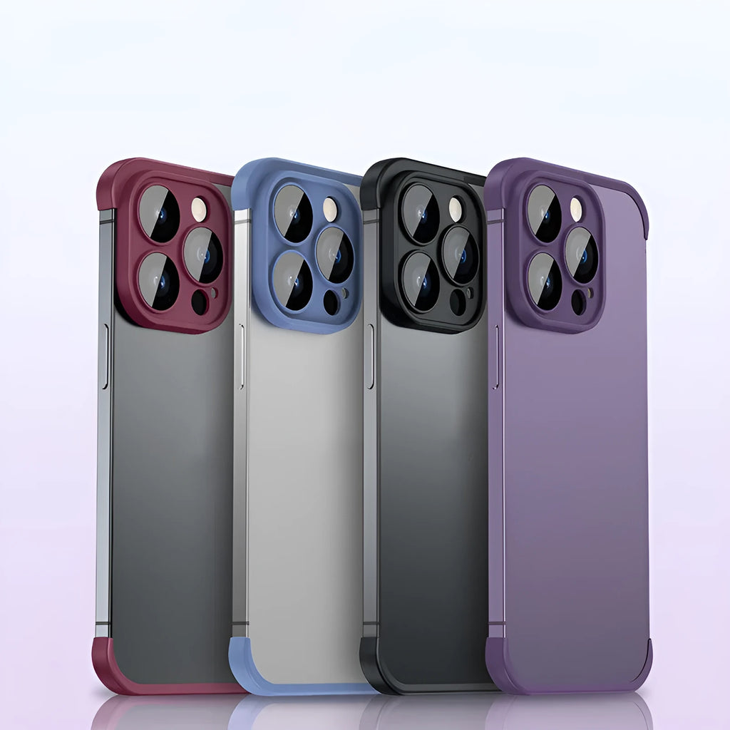 Corner-padded TPU mobile phone case for iPhone with integrated glass camera lens film in dark purple colour.