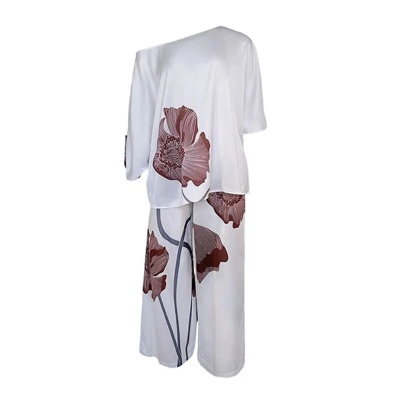 White printed top and straight-leg pants casual fashion set on model