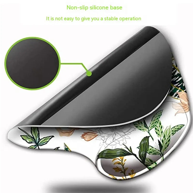 Black silicone keyboard wrist pad with floral pattern and integrated wrist strap, dimensions 228mm by 192mm.