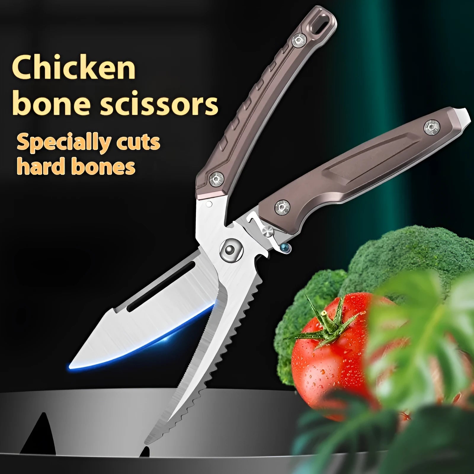 Household multi-functional chicken bone scissors stainless steel kitchen food scissors brown and silver