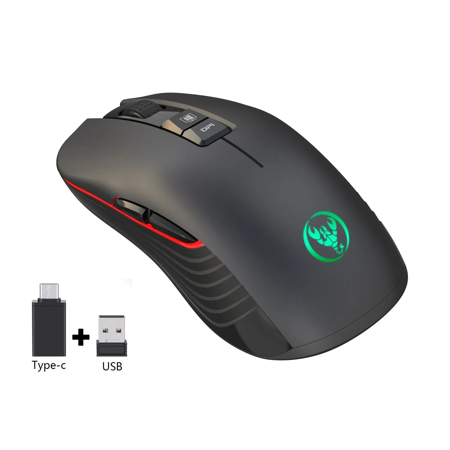 Black wireless ergonomic gaming mouse with colourful breathing light and adjustable DPI settings on a desk.