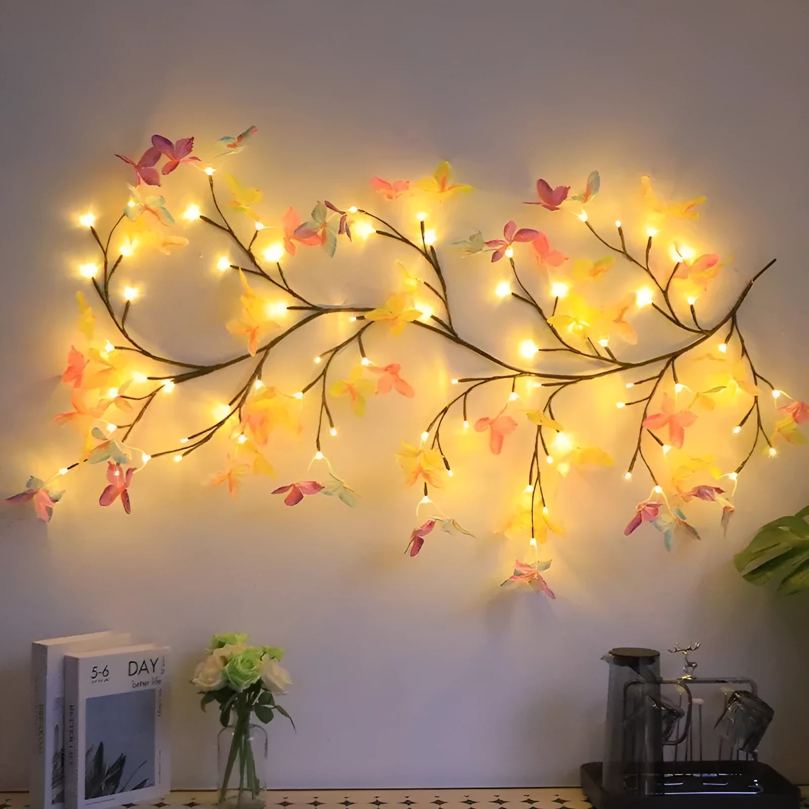 USB-powered LED butterfly tree rattan lamp with flexible 1.8 metre design and coloured accents