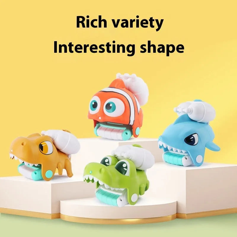 Children's handheld animal water gun toy in clownfish, shark, crocodile or dinosaur design.