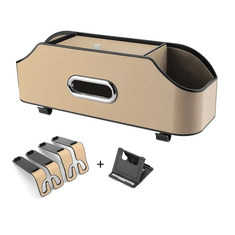 Genuine leather car tissue box storage organiser with built-in water cup holder in beige colour.
