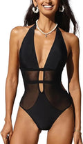Black women's V-neck mesh one-piece swimsuit with hanging neck detailing