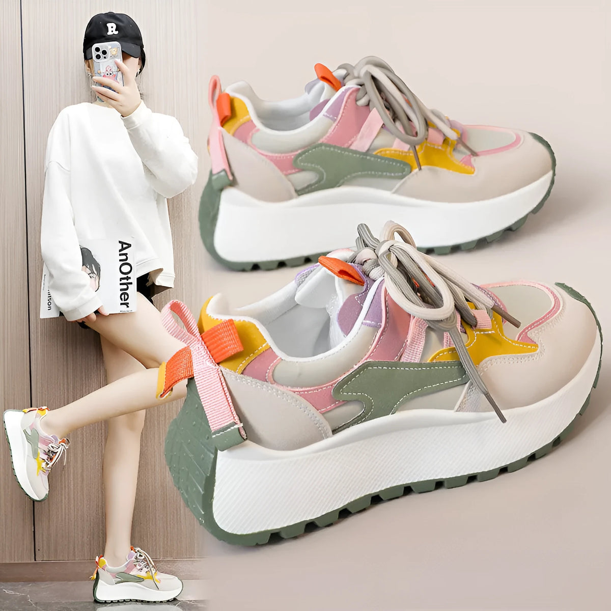 Women's low top dad shoes with synthetic leather upper, rubber sole, round toe, front lace-up, in green or red