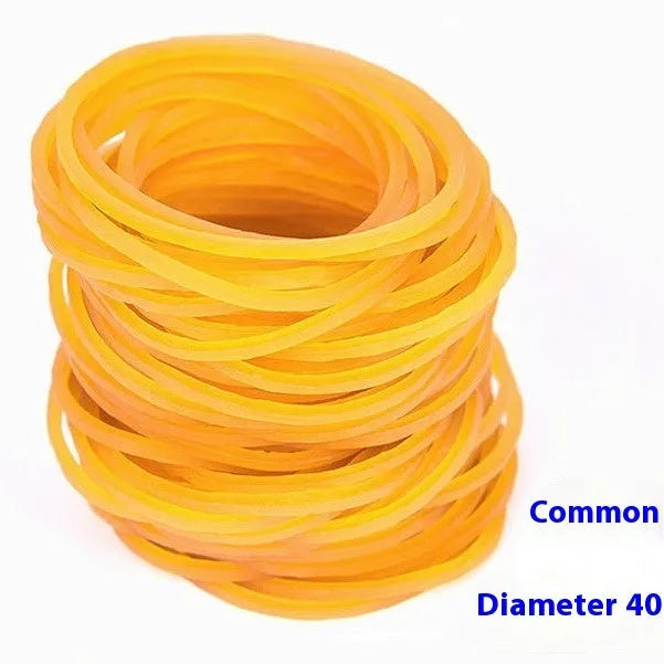 500g bundle of yellow rubber bands showing multiple diameter sizes from 16mm to 70mm