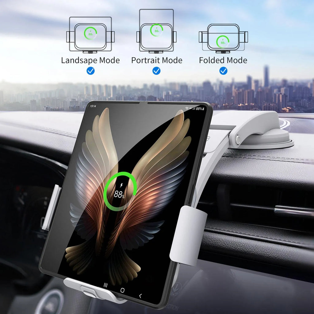 Grey on-board wireless charging bracket with folding phone holder, air conditioner clip, and suction cup mount
