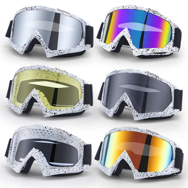 Motorcycle CrossCountry goggles with pure TPU full rim frame, windproof design, and frame colour swatches
