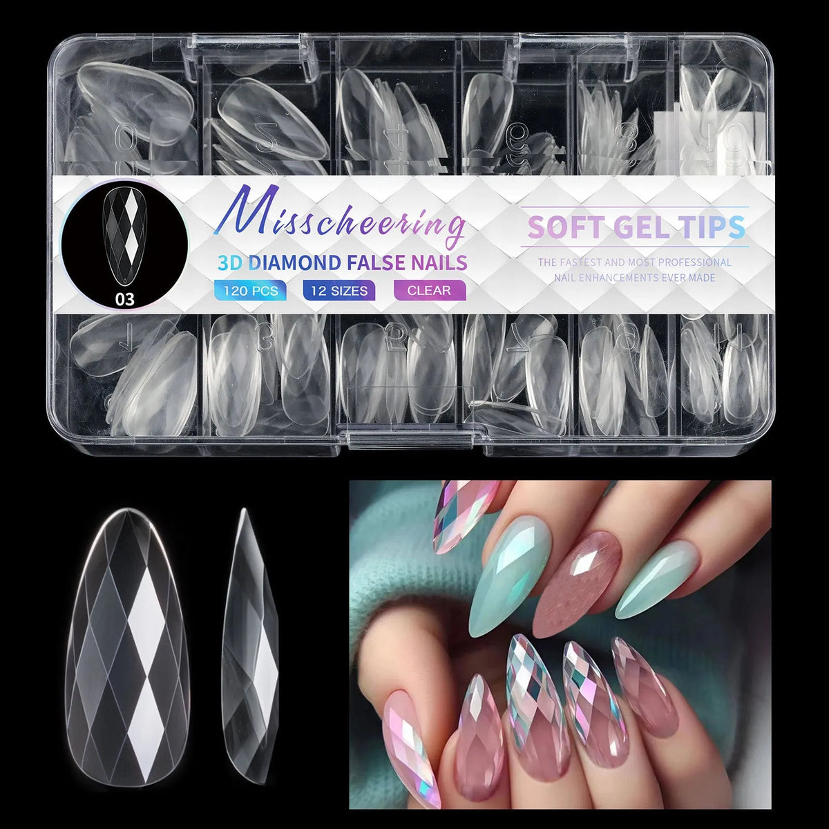 Pack of clear glitter nail extension tips showing 3D diamond design in various colours.