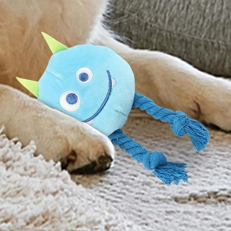 Blue cotton rope dog squeaky toy with strong knot design and cartoon animal shape