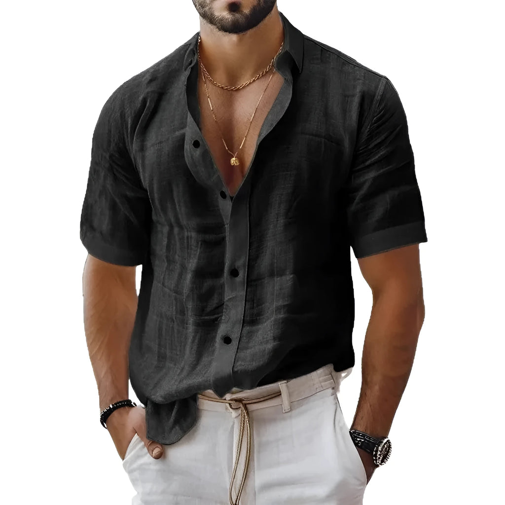 Men's short sleeve lapel shirt in a solid colour, showing cardigan style and polyester fabric.