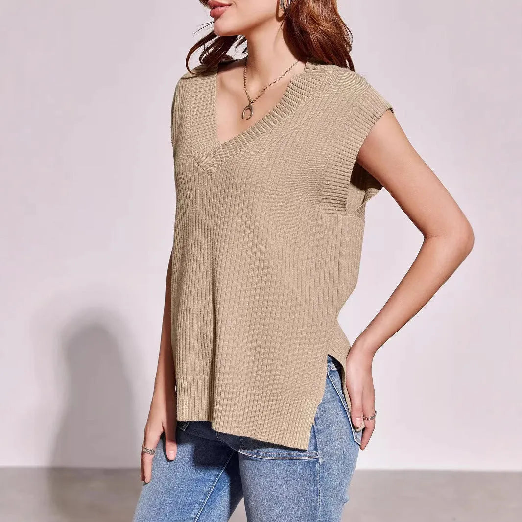 Camel and white v-neck sleeveless loose pullover vest in striped or plaid patterns