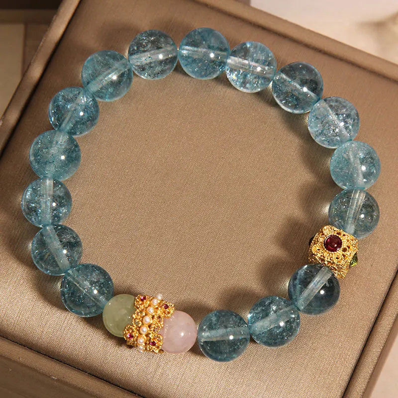 Blue cubic sugar crystal bracelet with Chinese style design and flexible ring
