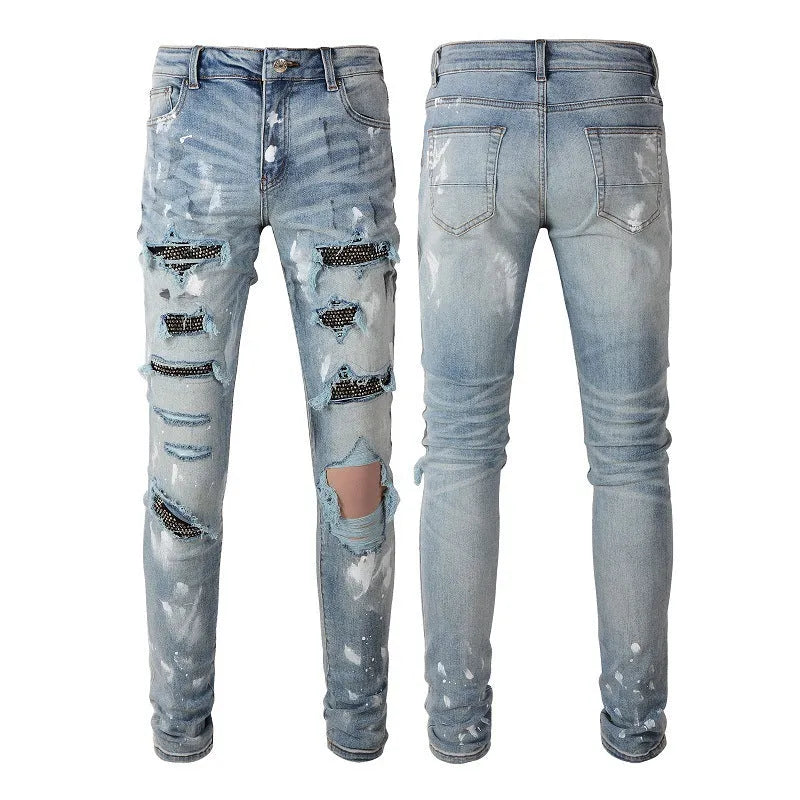 Men's stretch retro ripped diamond jeans in blue denim with diamond detailing