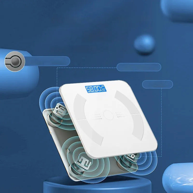 Smart bluetooth body fat scale in white black pink colours with app connectivity