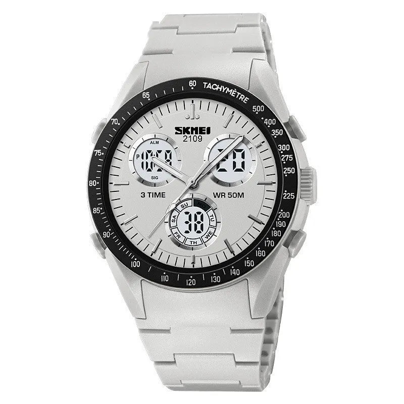 Electronic casual watch with digital display on a camouflage TPU strap, showing time and date.
